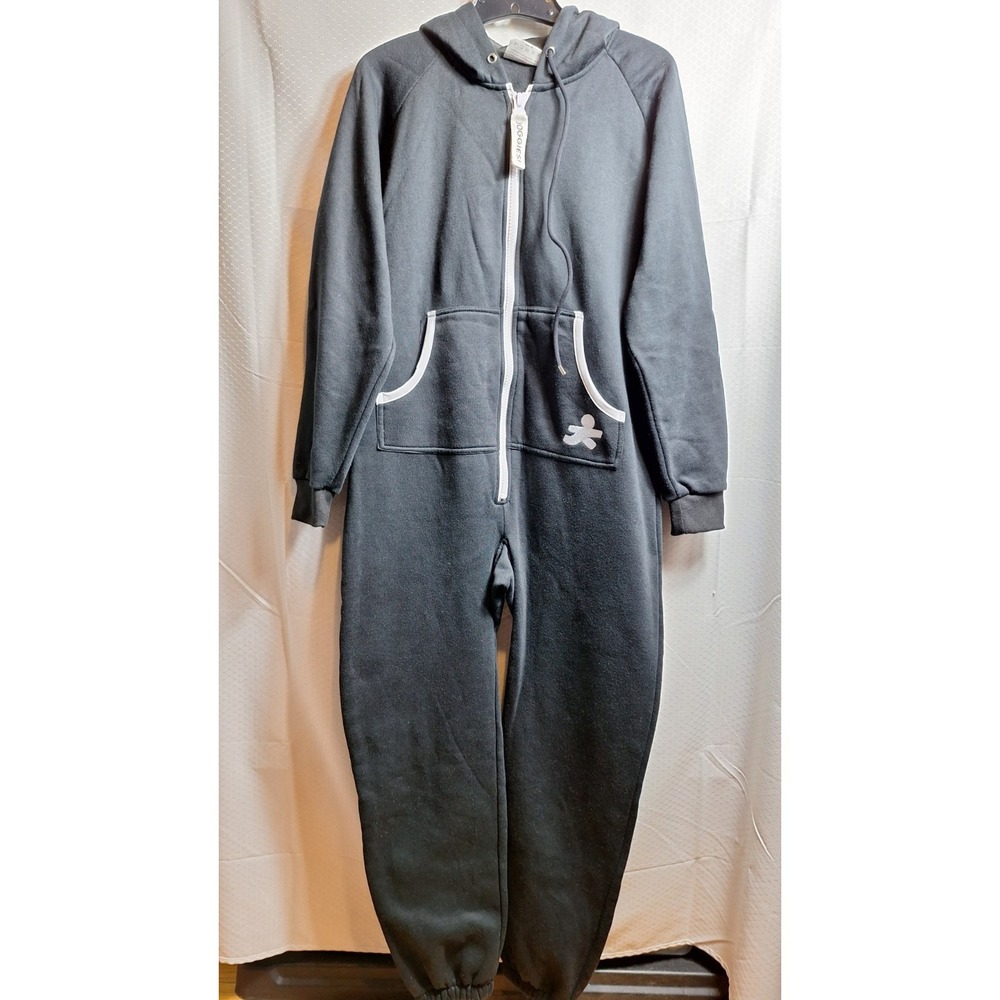 JOGGIES One-Piece Zip Front Pajamas Adult Sz S Black Hooded Heavyweight Comfort
